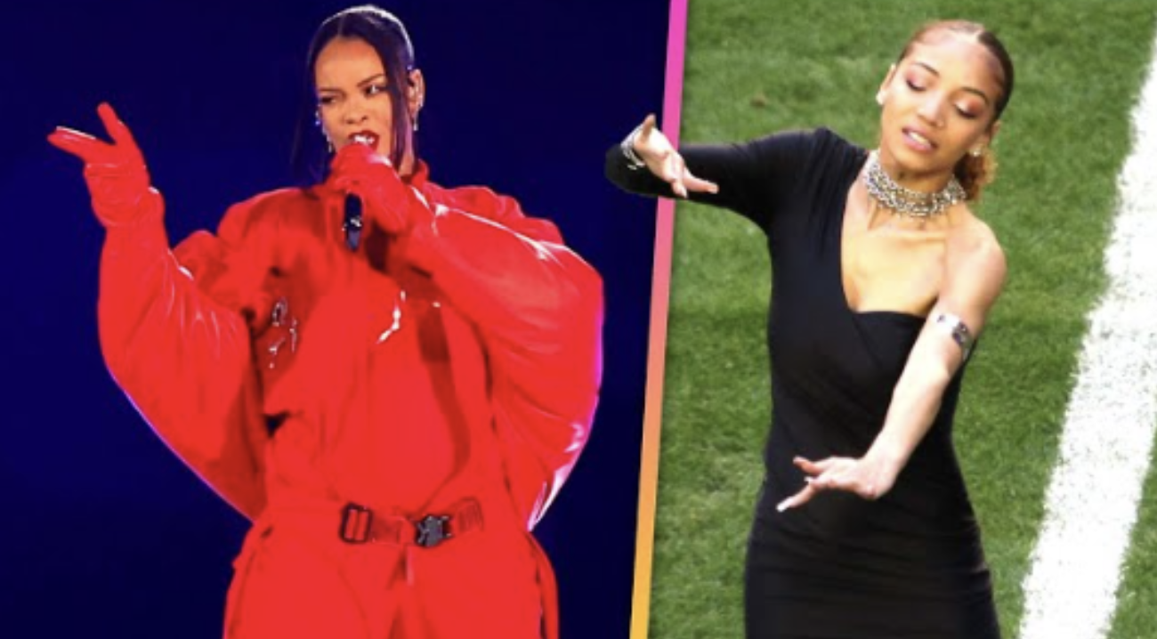 Konserde şarkı söyleyen Rihanna ve sağ tarafında şarkı sözlerini işaret diliyle performans sanatı şeklinde çeviren işaret dili tercümanı Justina Miles.