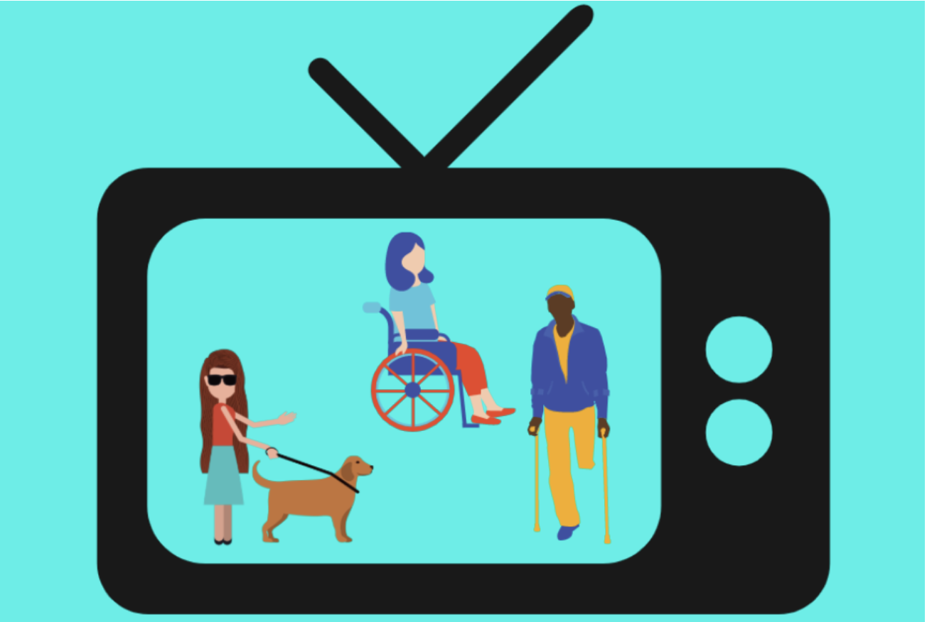 Bir televizyon ekranı içinde; rehber köpeğiyle görme engelli bir kişi, tekerlekli sandalyede bir kişi ve bastonla yürüyen bir kişinin yer aldığı engellilik temsiline dair illüstrasyon.